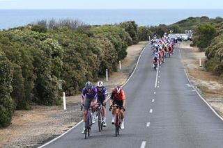 TORQUAY AUSTRALIA JANUARY 30 LR Michael Kwiatkowski of Poland and Team INEOS Grenadiers Kelland OBrien of Australia and Team Jayco AlUla and Casper Philip Pedersen of Denmark and Team Soudal QuickStep compete in the breakaway passing through a Bells Beach landscape during the 2nd Surf Coast Classic 2025 Mens Elite a 157km one day race from Lorne to Torquay on January 30 2025 in Torquay Australia Photo by Dario BelingheriGetty Images