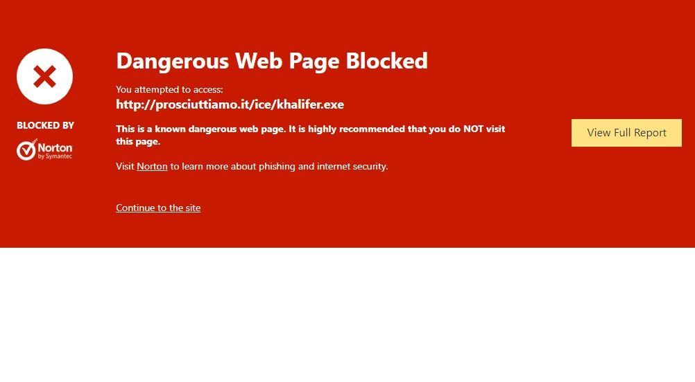 Screen shot of Norton antivirus blocking an online threat