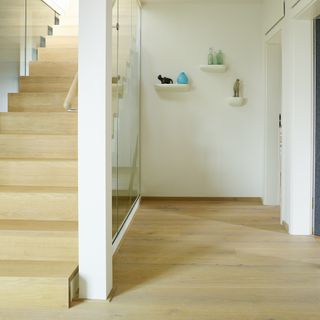 Hallway and staircase with light wood flooring, white walls and a glass bannister.