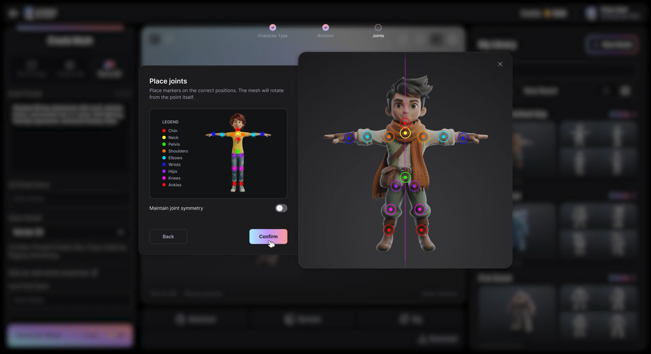 Screens from a rigging AI app