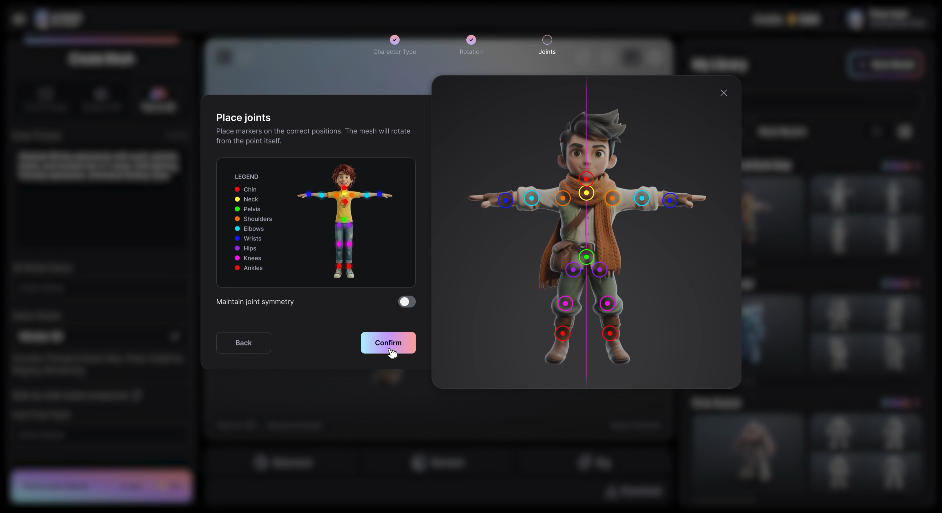 Screens from a rigging AI app