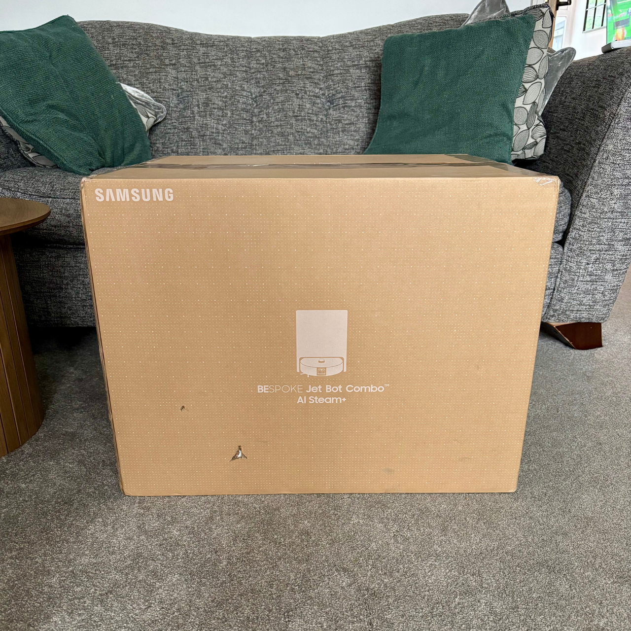 Large brown rectangular shaped cardboard packaging positioned in front of sofa
