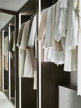 walk in closet with hanging space, lighting strips