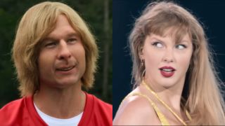 From left to right: Glen Powell and Chad Powers and Taylor Swift during the Eras Tour looking to her left.