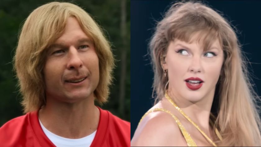 From left to right: Glen Powell and Chad Powers and Taylor Swift during the Eras Tour looking to her left. 