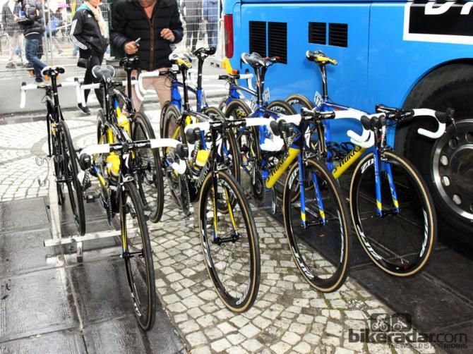 A fleet of yellow, blue, and black Specialized S-Works machines for Tinkoff-Saxo at this year's Ronde van Vlaanderen. Riders used a mix of Tarmac, Roubaix, and Venge models