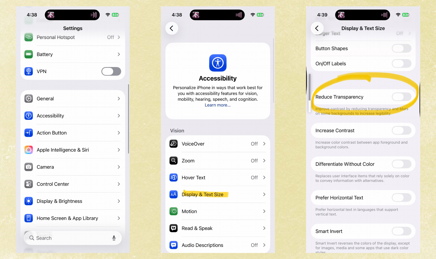 Screenshots of iOS 26 developer beta.