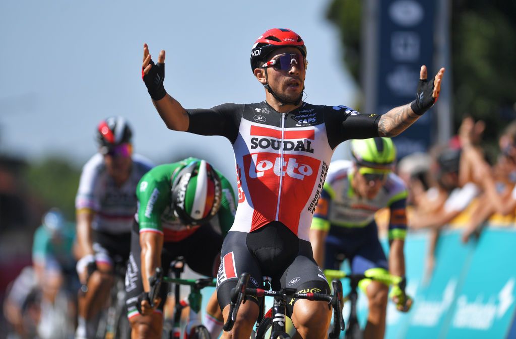 BILZEN BELGIUM SEPTEMBER 03 Caleb Ewan of Australia and Team Lotto Soudal celebrates winning ahead of Sonny Colbrelli of Italy and Team Bahrain Victorious during the 17th Benelux Tour 2021 Stage 5 a 188km stage from Riemst to Bilzen BeneluxTour on September 03 2021 in Bilzen Belgium Photo by Luc ClaessenGetty Images