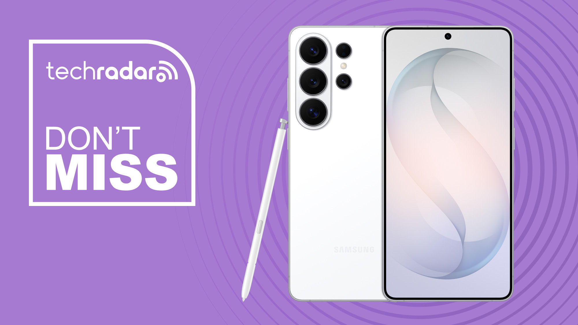 Samsung Galaxy S26 Ultra on purple background with don't miss text overlay