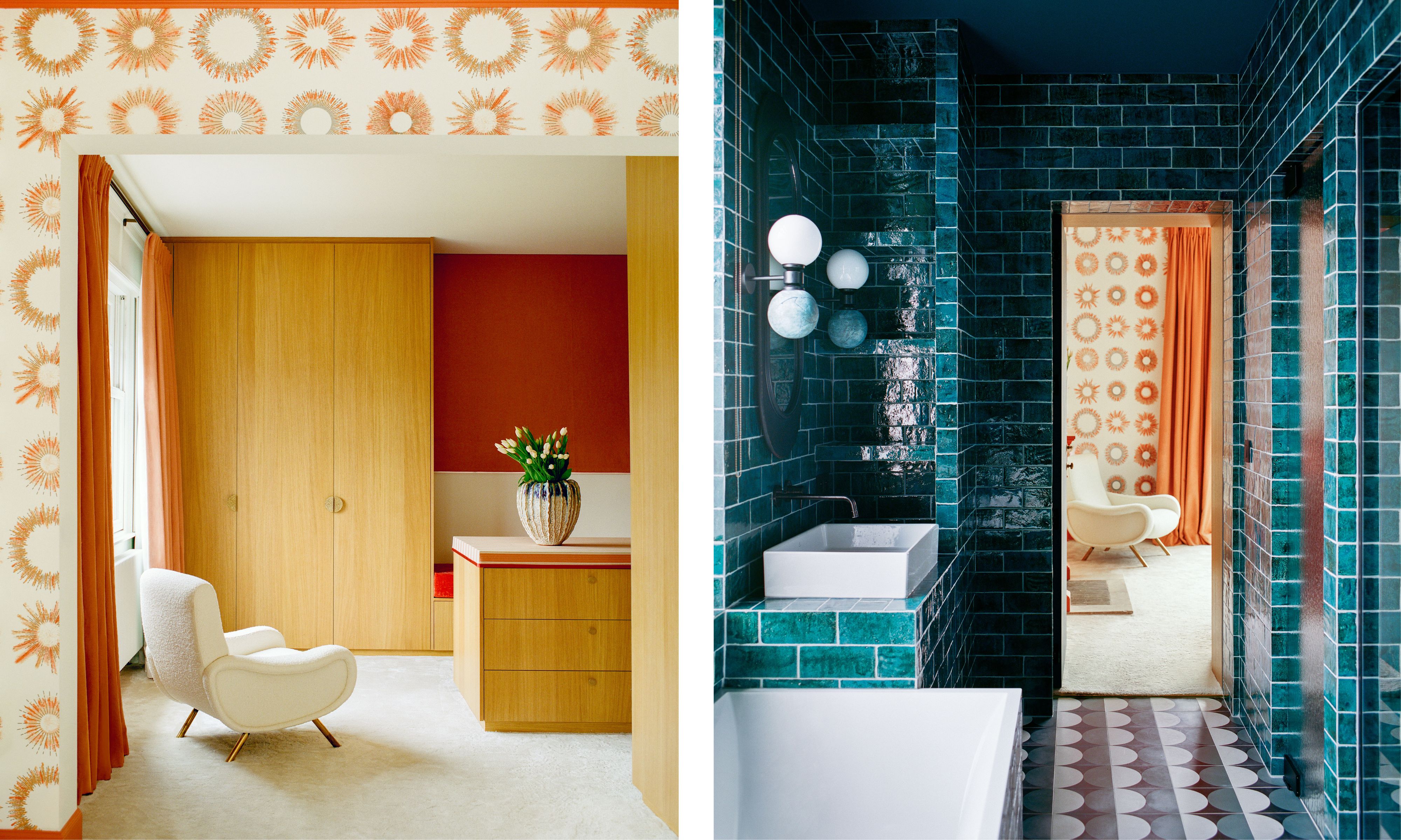 two side by side images of an orange and red dressing room with oak cabinets and a blue green tiled bathroom