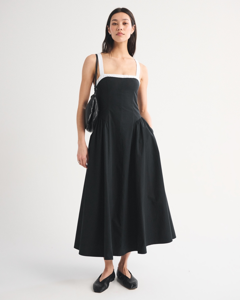 100% Cotton Ruched Neckline Dipped Waist Midi Dress