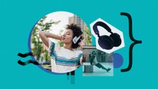 Photo collage of people wearing headphones outdoors, and a product shot of Sennheiser noise-cancelling headphones