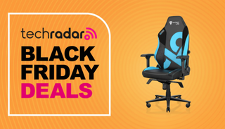 The Secretlab Titan Evo 2022 – Cloud9 esports edition in front of an orange background with text reading 'TechRadar Black Friday deals'.