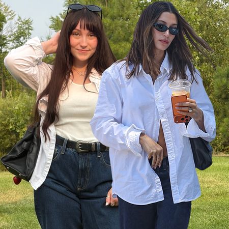 a collage of Meguire Hennes and Hailey Bieber wearing the dark-wash Gap jeans