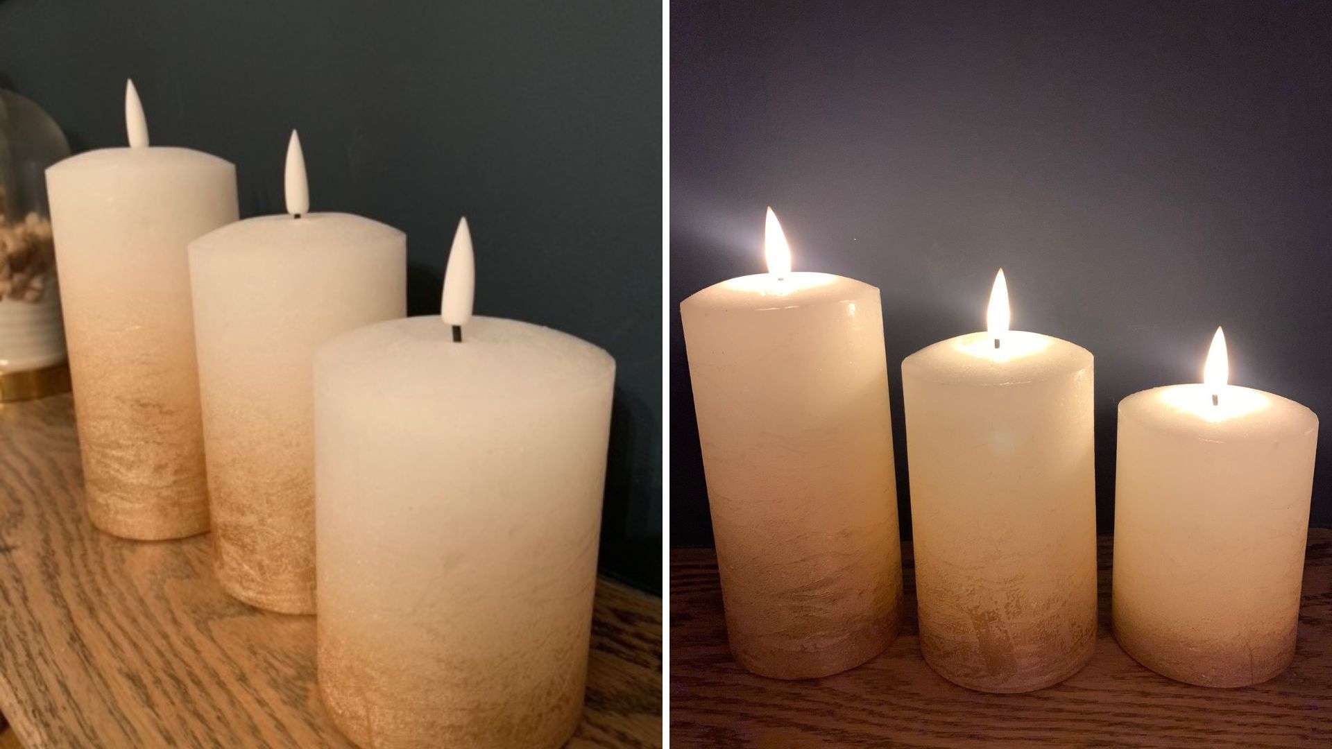 Best flameless candles with gold ombre detail shown alight and switched off on mantel