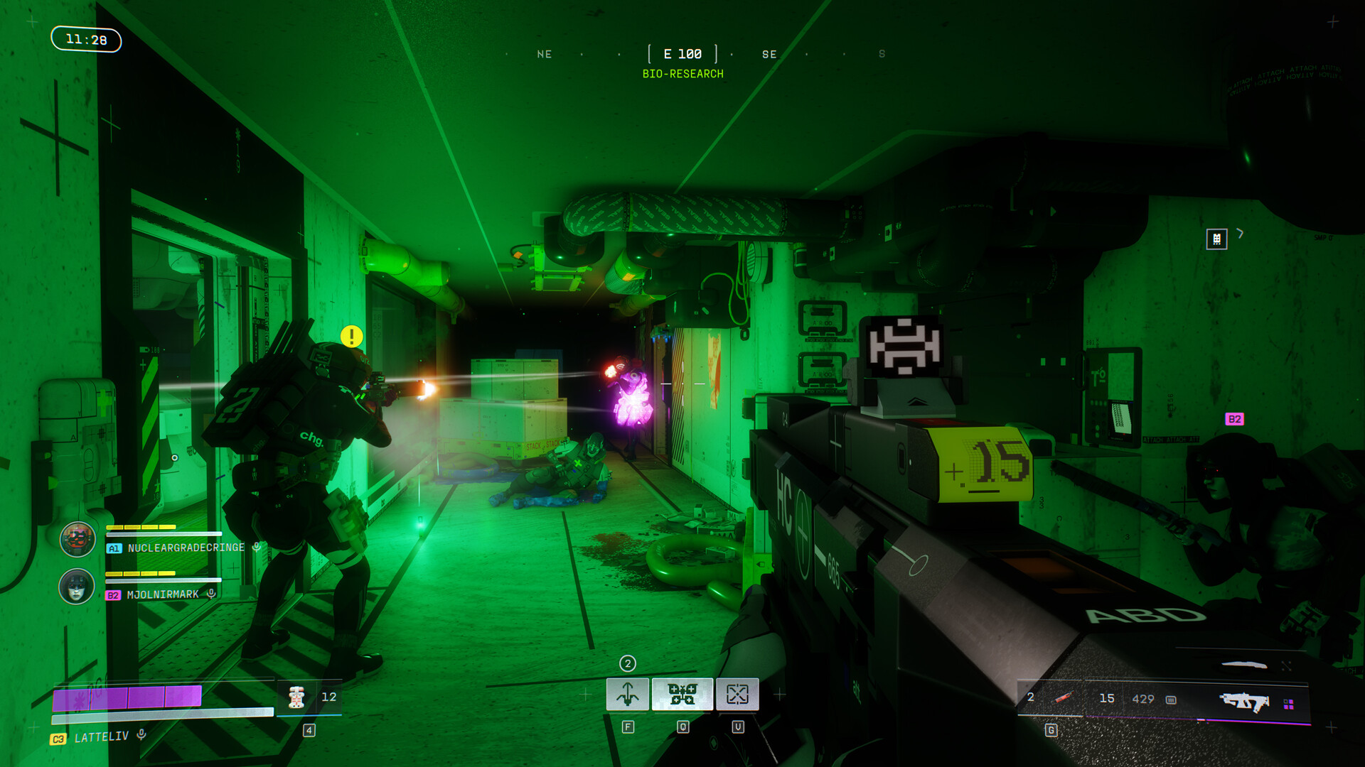 Marathon season 2 gameplay showing a team of runners shooting in a green-lit corridor in Night Marsh