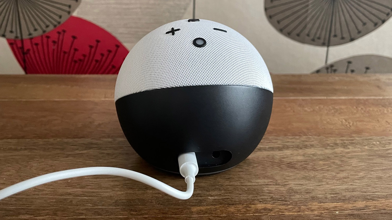 The back view of the Amazon Echo Dot Kids smart speaker on a wooden table with a patterned background