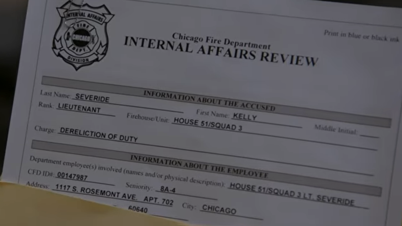 Screenshot of Chief Hopkins' complaint against Severide for Dereliction of Duty in Chicago Fire 14x17