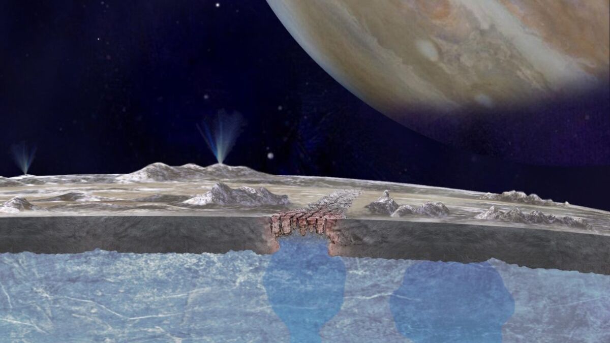 An artist&#039;s illustration of how the &quot;chaos terran&quot; of Jupiter&#039;s moon Europa may have liquid water pooling beneath its surface.