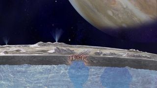 An artist's illustration of how the "chaos terran" of Jupiter's moon Europa may have liquid water pooling beneath its surface.