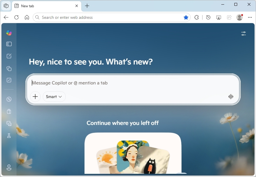Browser window with a calm blue background featuring daisies. Text reads, &amp;quot;Hey, nice to see you. What's new?&amp;quot; with a search bar for &amp;quot;Message Copilot.&amp;quot;