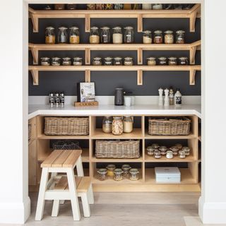 pantry with open shelving and glass storage caninsters