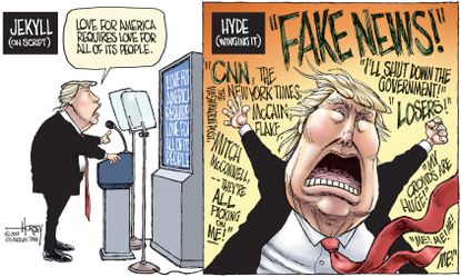 Political cartoon U.S. Trump speech Jekyll and Hyde fake news