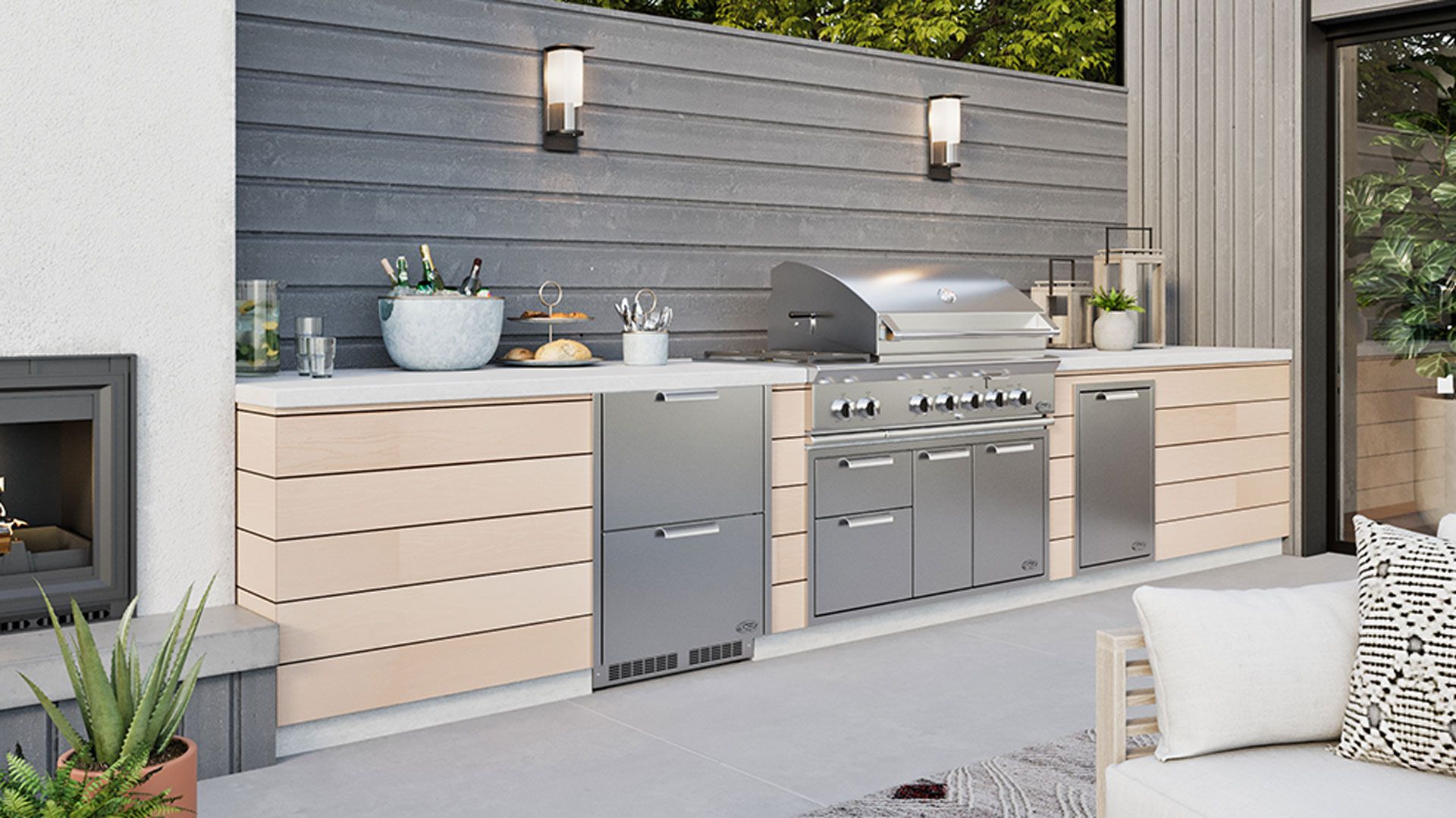 Outdoor kitchen ideas with wooden units and stainless steel oven
