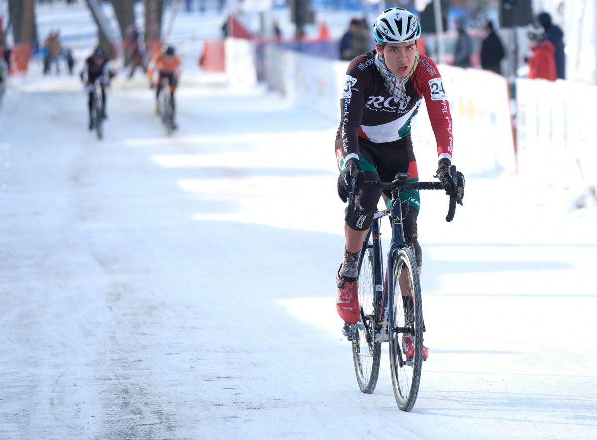 Laraib Laubach (Rock Creek Velo) riding through the start-finish area