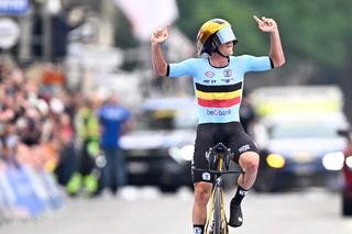 Belgian Remco Evenepoel celebrates on the finish line as he won the men elite individual time trial race at the 2024 UCI Road and Para-Cycling Road World Championships, Sunday 22 September 2024, in Zurich, Switzerland. The Worlds are taking place from 21 to 29 September. BELGA PHOTO JASPER JACOBS (Photo by JASPER JACOBS / BELGA MAG / Belga via AFP)