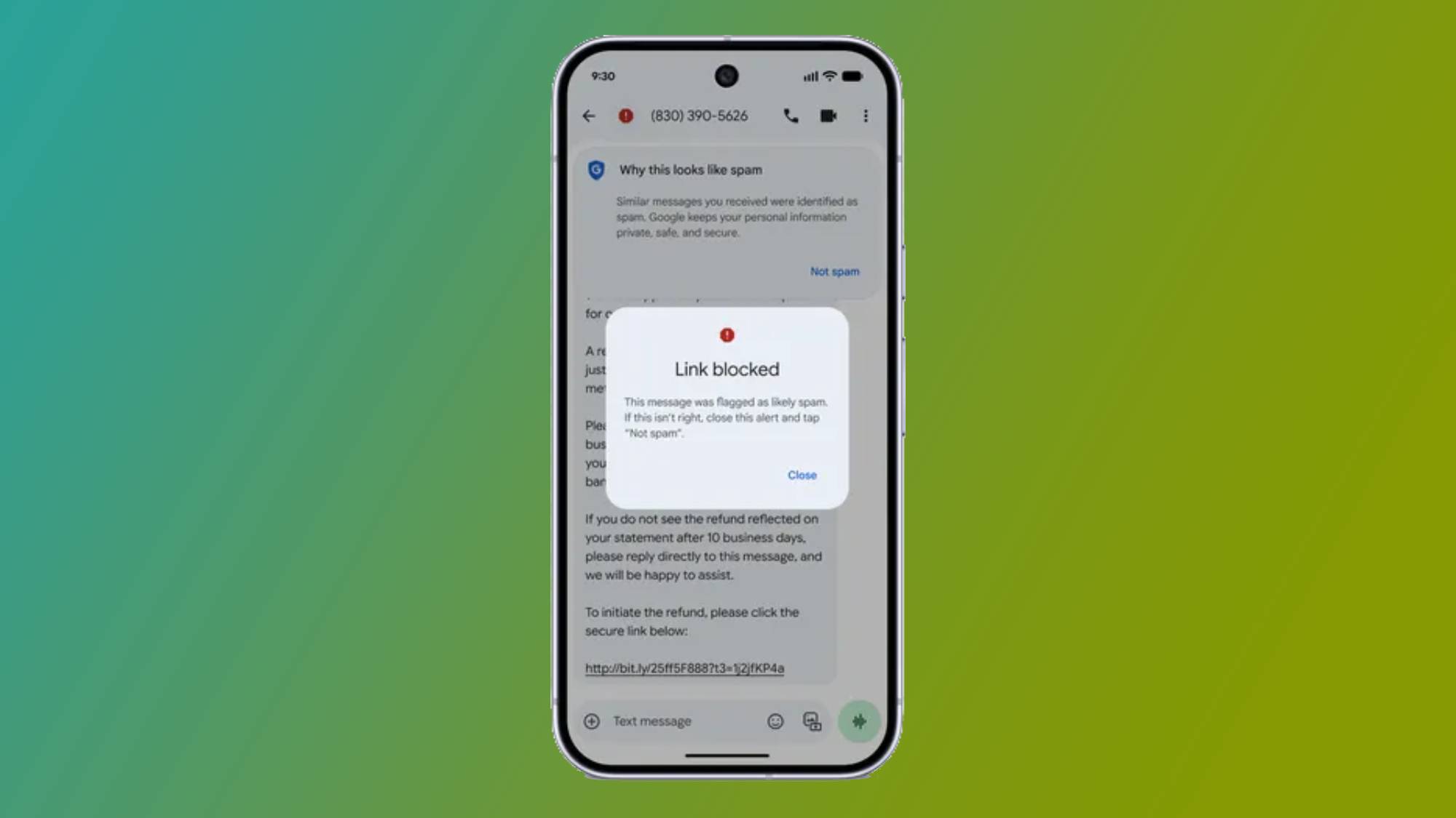 A iPhone showing a scam alert in the Google Messages app