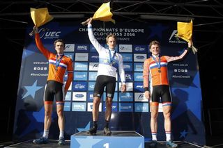 The U23 men's podium at the 2016 UEC Cyclo-cross European Championships