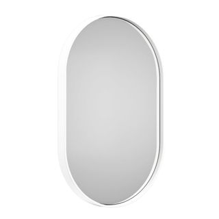 A white curved oval mirror at an angle tilting to the right