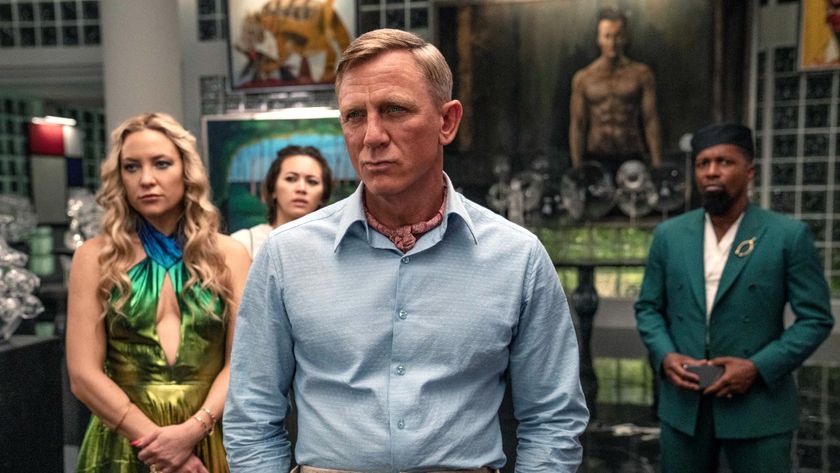 (L - R) Kate Hudson as Birdie, Jessica Henwick as Peg, Daniel Craig as Detective Benoit Blanc, and Leslie Odom Jr. as Lionel in &#039;Glass Onion: A Knives Out Mystery&#039;