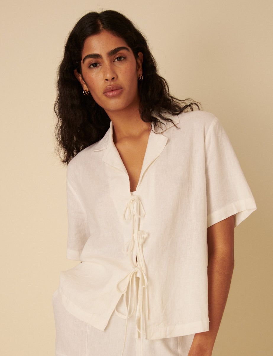 White Linen-Blend Tie Front Shirt