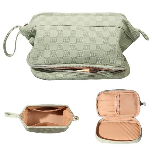 Abiudeng Makeup Bag,double Layer Cosmetic Bag,travel Essentials Makeup Bag,leather Makeup Bag, Cosmetic Travel Bags,portable Leather Toiletry Bag,roomy Cosmetic Bag for Women and Girls(green Grid)