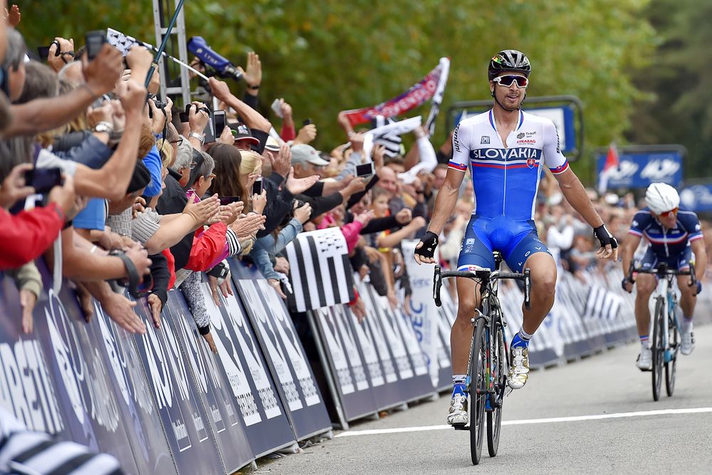 Peter Sagan celebrates his win at the European championship road race.