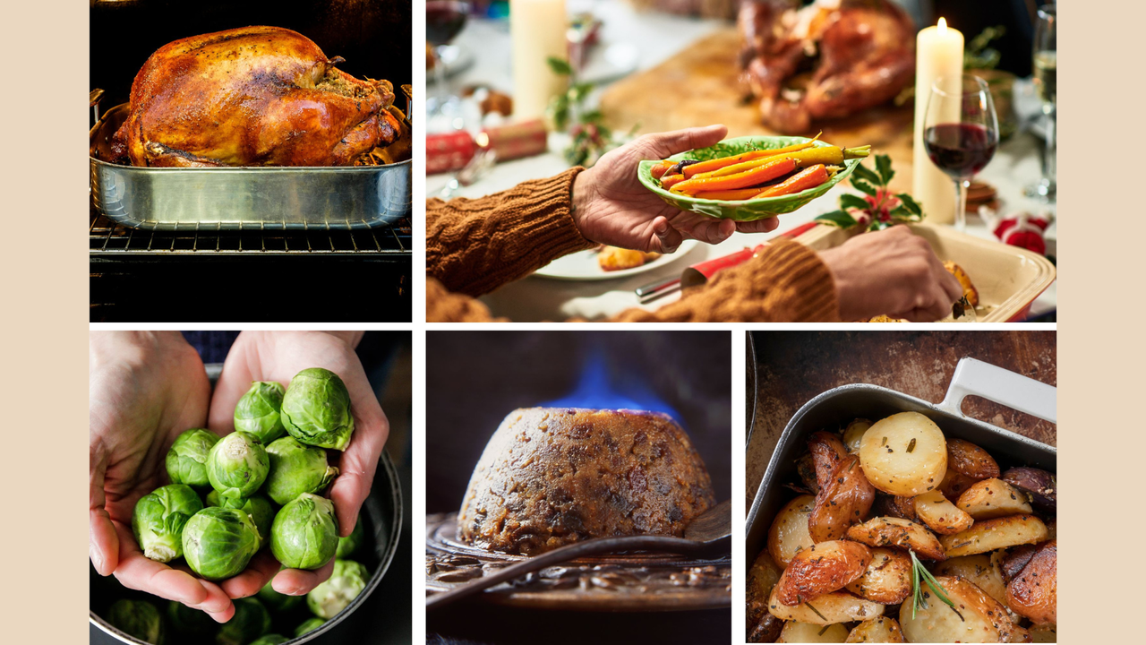 A collage of five images depicting classic Christmas Dinner dishes including roast turkey and Brussells sprouts. 