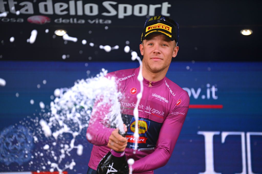 FRANCAVILLA AL MARE ITALY MAY 15 Jonathan Milan of Italy and Team Lidl Trek Purple Points Jersey celebrates at podium during the 107th Giro dItalia 2024 Stage 11 a 207km stage from Foiano di val Fortore to Francavilla al mare UCIWT on May 15 2024 in Francavilla al mare Italy Photo by Tim de WaeleGetty Images