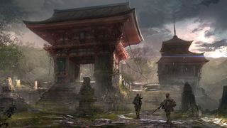 Landscape of characters moving towards a temple-like structure