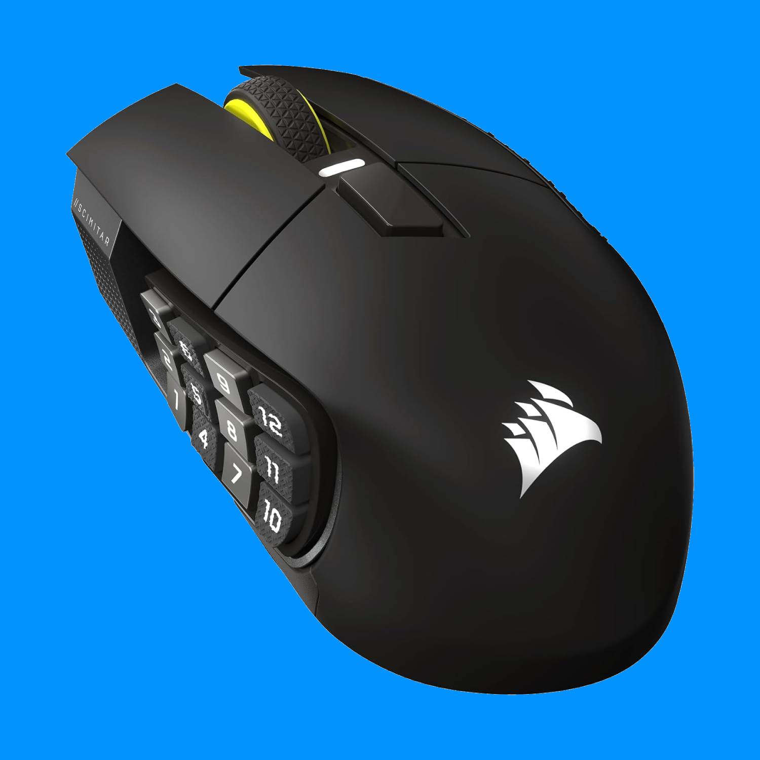 A Corsair Scimitar Elite Wireless SE gaming mouse on a blue background