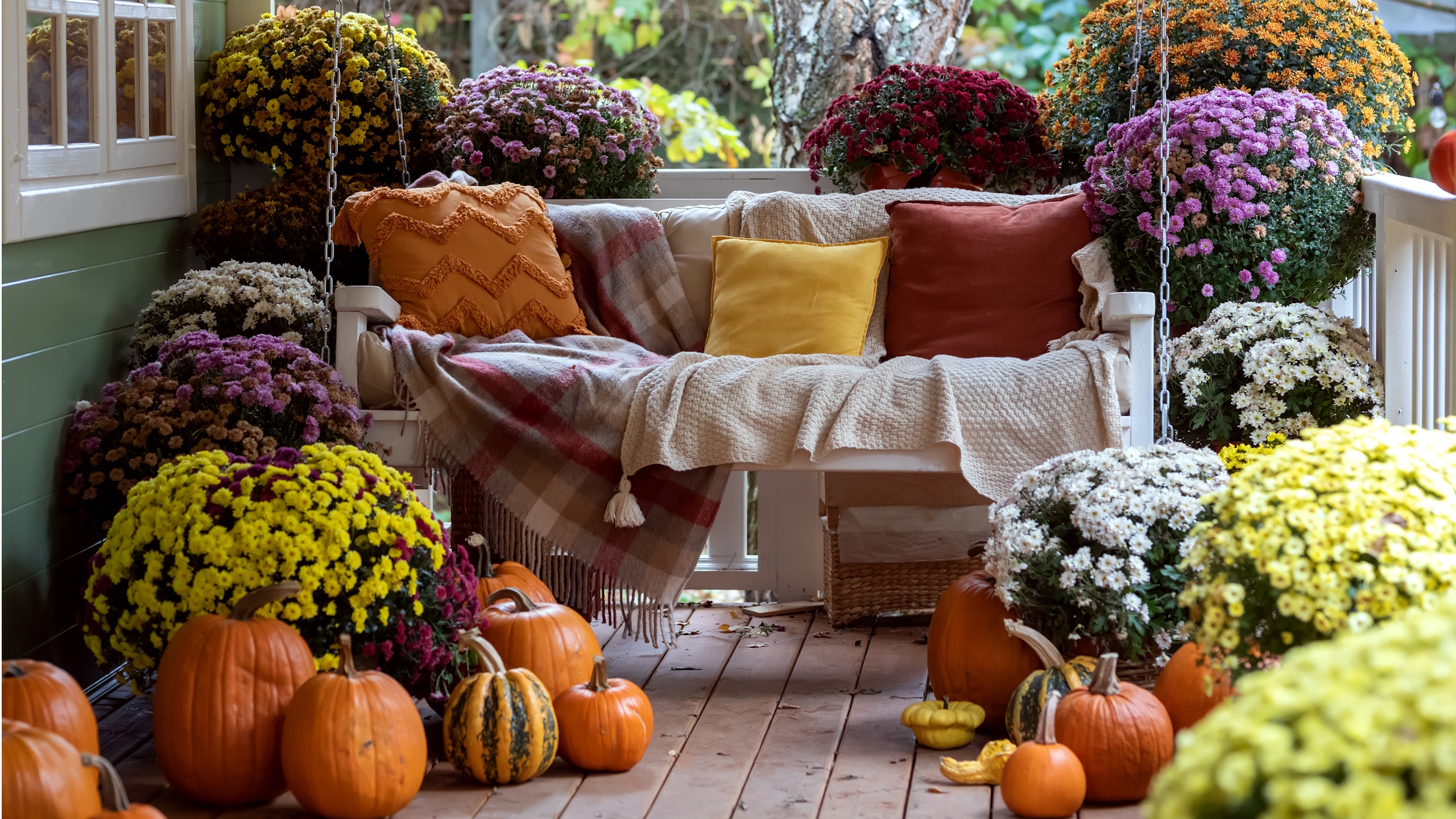 Fall porch with mums and swinging bench