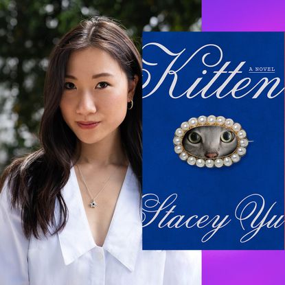 author stacey yu poses in a white shirt in her headshot opposite an image of the cover of her book kitten featuring a cat looking through a pearl bracelet