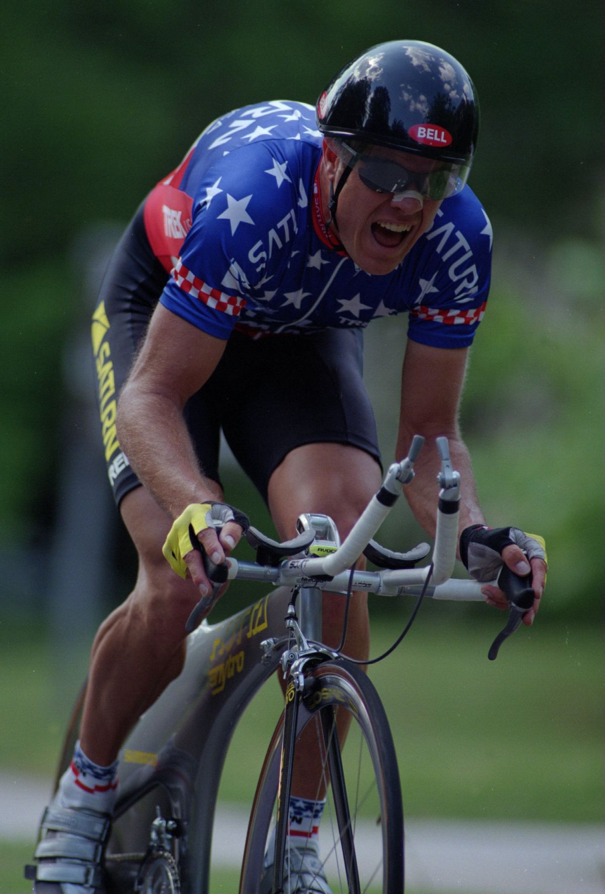 Norm Alvis of team Saturn pushes on along the route during the time trials of the third stage in the 1996 Tour DuPont at Raleigh, North Carolina