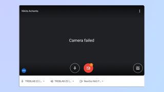 A screenshot of Google Meet showing a "Camera Failed" warning on a MacBook Air M2