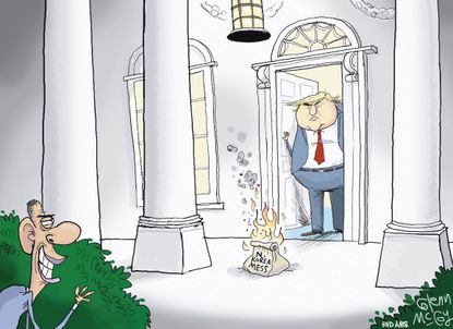 Political cartoon U.S. Obama Trump North Korea nuclear threat