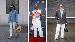 composite of three street style shots of women in white jeans