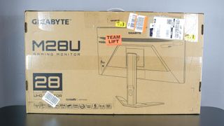 The box my open box Gigabyte M28U monitor arrived in