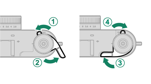 Illustration showing camera switch operation: turning off (1 & 2) and on (3 & 4) with directional arrows and a visual toggle indicator