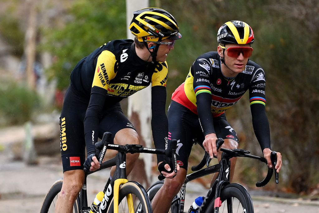 BARCELONA SPAIN AUGUST 27 LR Sepp Kuss of The United States and Team JumboVisma and Remco Evenepoel of Belgium and Team Soudal Quick Step compete during the 78th Tour of Spain 2023 Stage 2 a 1818km stage from Matar to Barcelona UCIWT on August 27 2023 in Barcelona Spain Photo by Tim de WaeleGetty Images
